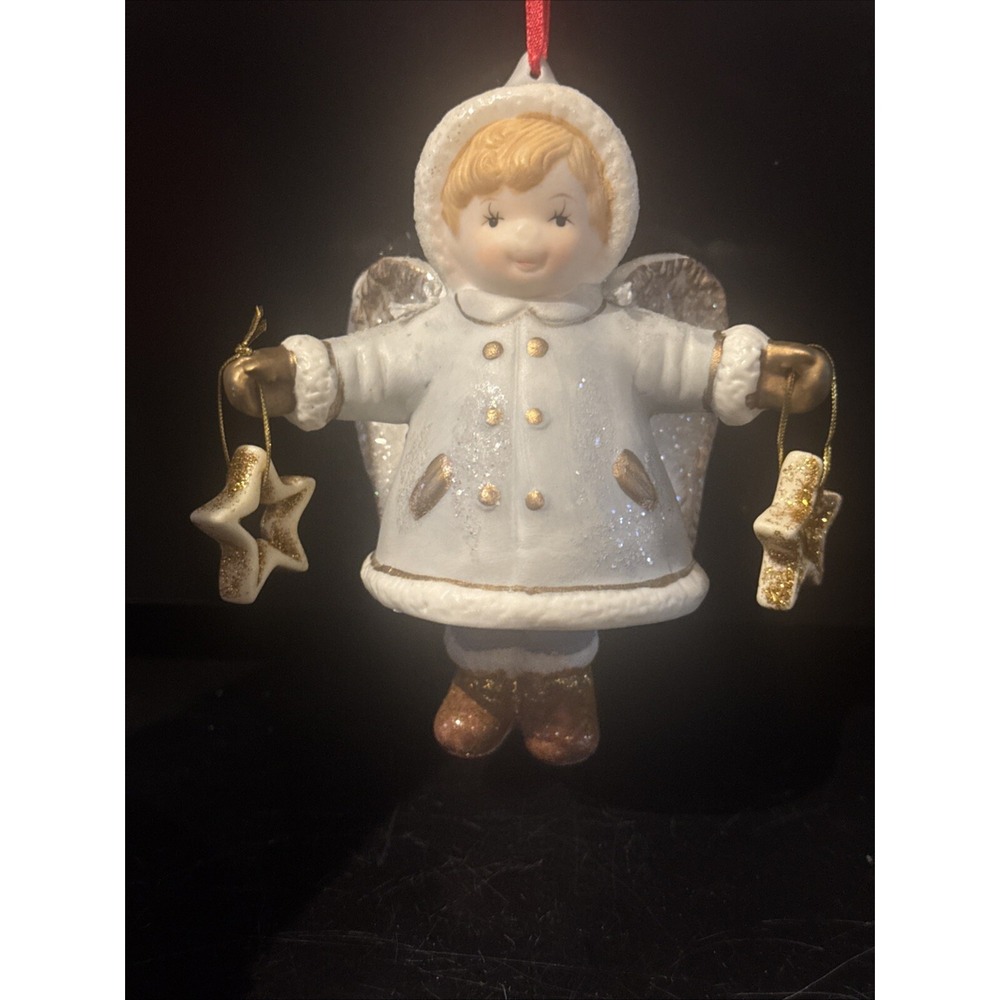 Vintage Dolgencorp Holiday Porcelain Dangling Angel w/Stars Ornament Decoration